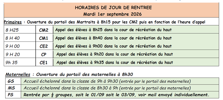horaires de rentrée 2026